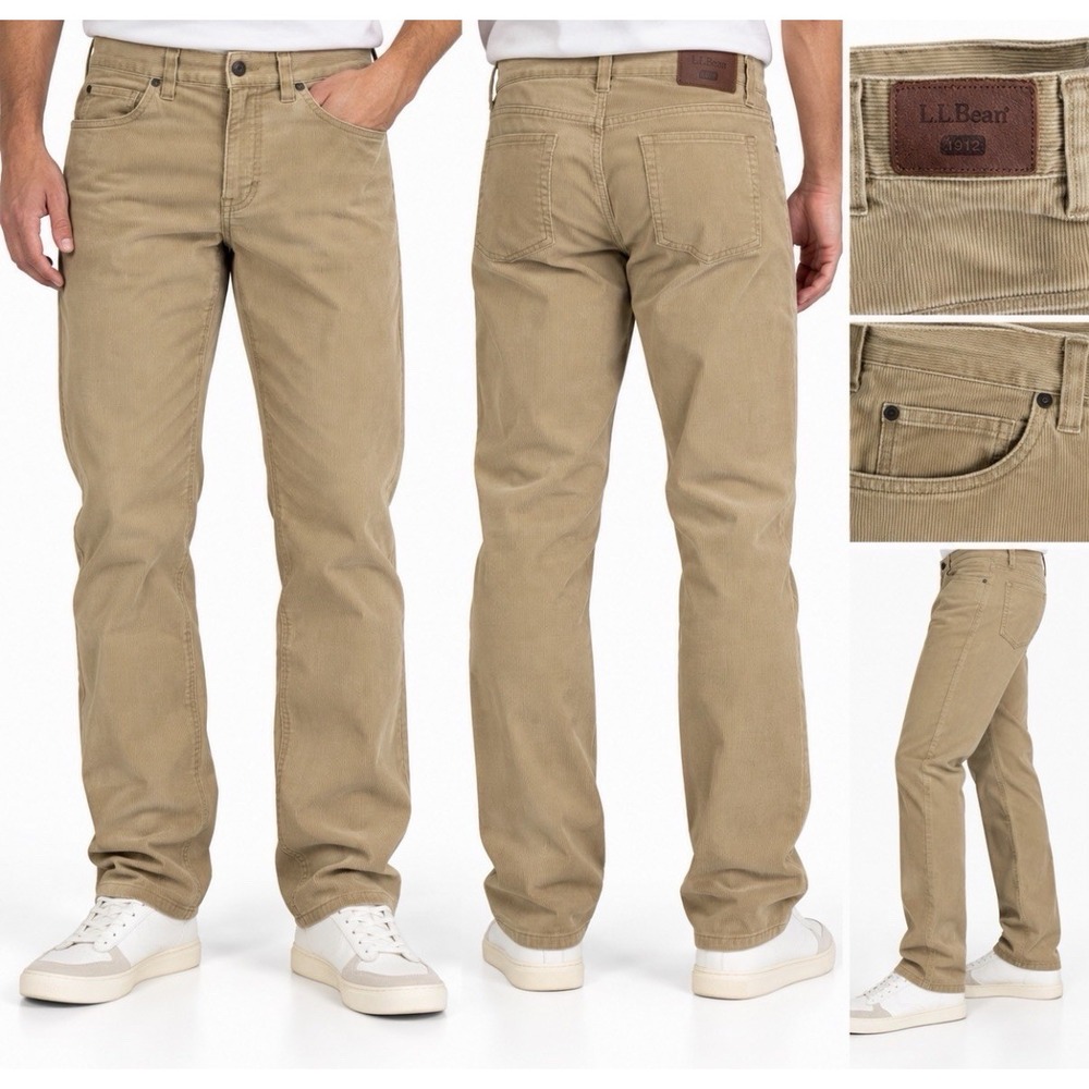 L.L.Bean 1912 Men's 34x34 Tan Fine Wale Corduroy Pants 5 Pocket Cotton Straight